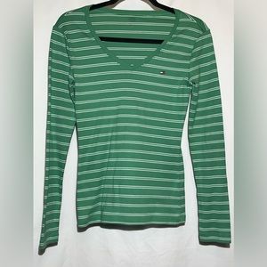 Y2K - Tommy Hilfiger Long sleeve green striped tee. Size small.